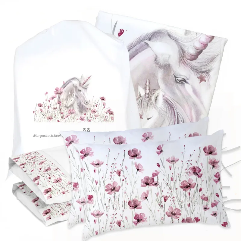 MARGARITA SCHEEL BY CASA ALVARINHO - JUEGO DE CAMA FUNDA DE PLUMÓN + SABANA BAJERA + 4 FUNDAS ALMOHADA UNICORNIO 2 PLAZAS
