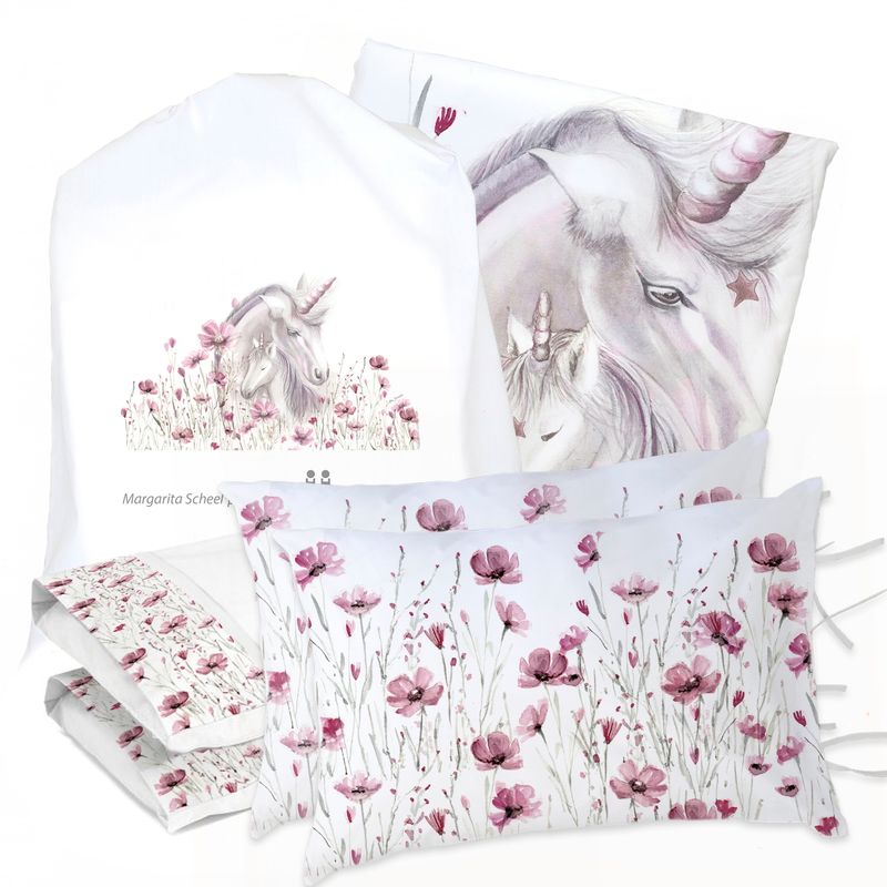 MARGARITA SCHEEL BY CASA ALVARINHO - JUEGO DE CAMA FUNDA DE PLUMÓN + SABANA BAJERA + 4 FUNDAS ALMOHADA UNICORNIO SUPER KING