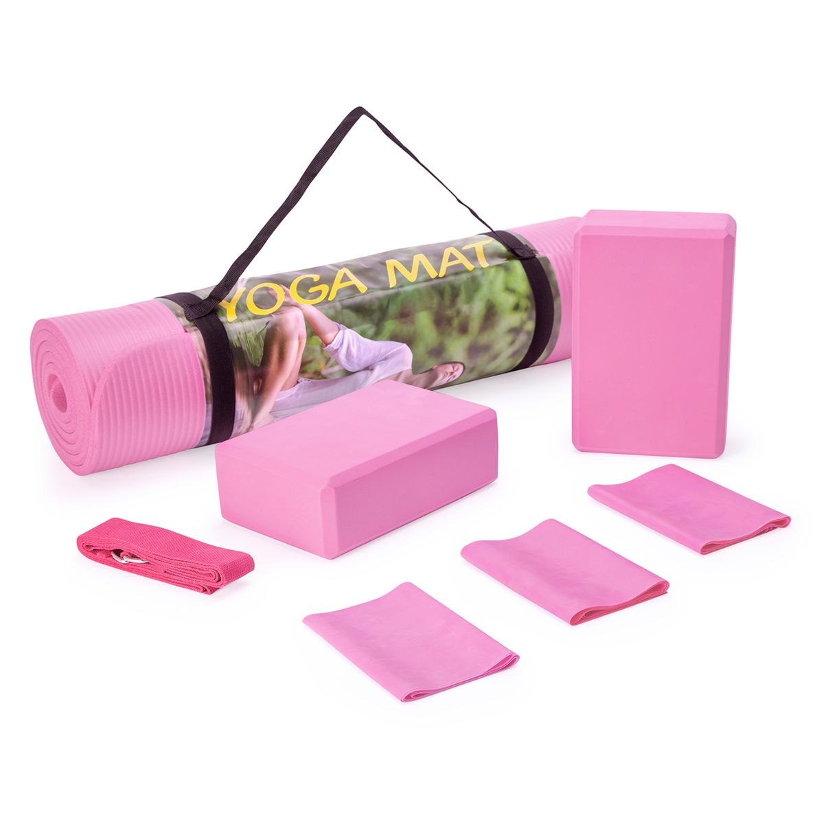 ATLETIS - Set Yoga Bloques Mat Bandas de Estiramiento Rosado