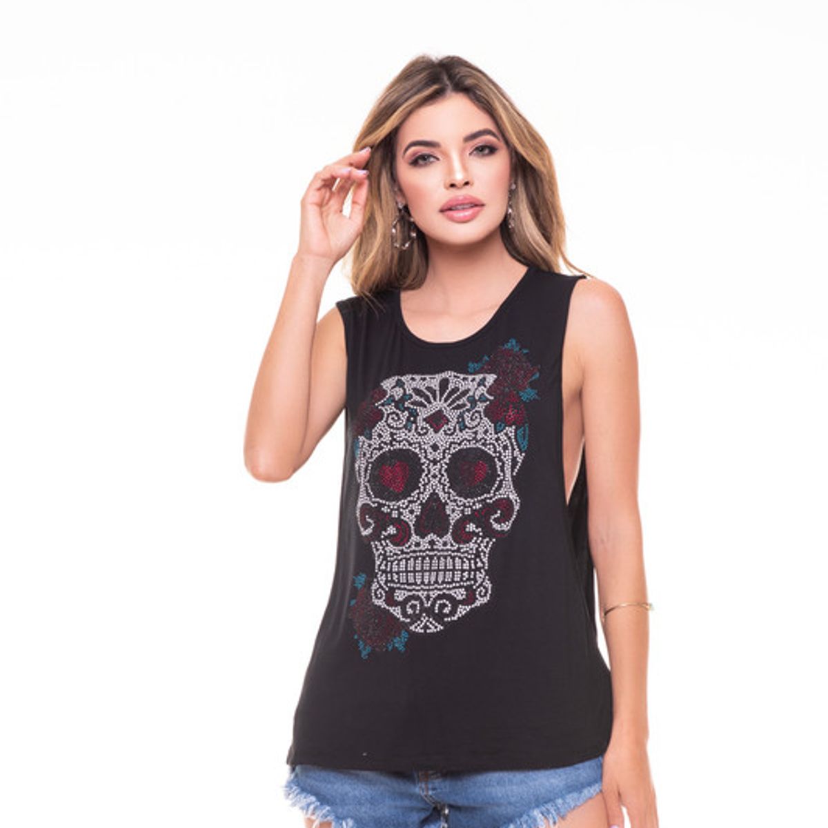 ROCK CAVIAR - POLERA SML PEDRERIA WOMAN SKULL BLACK RC-1