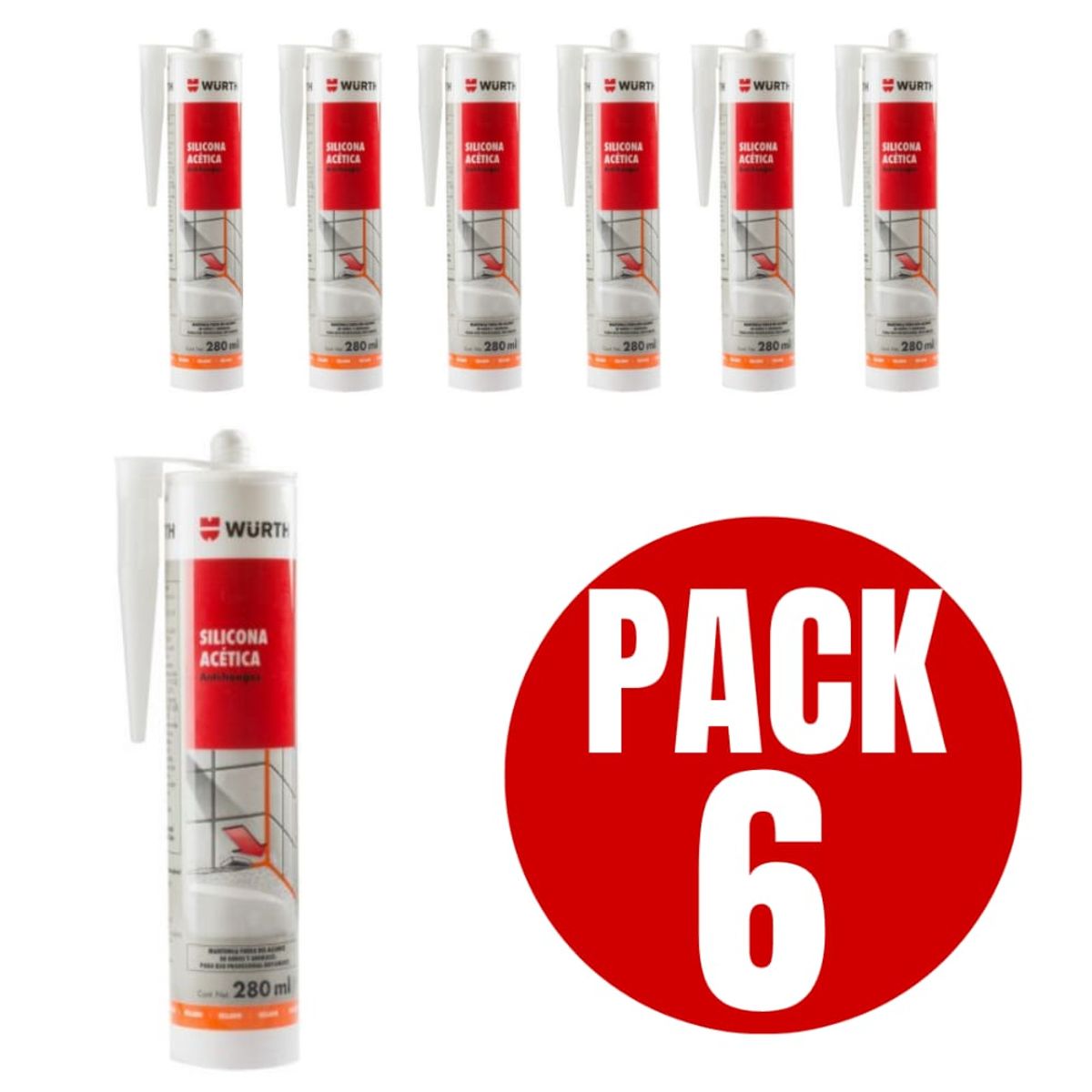 WURTH - Silicona Acética Basica Negra 280ml Wurth Pack 6 Unidades