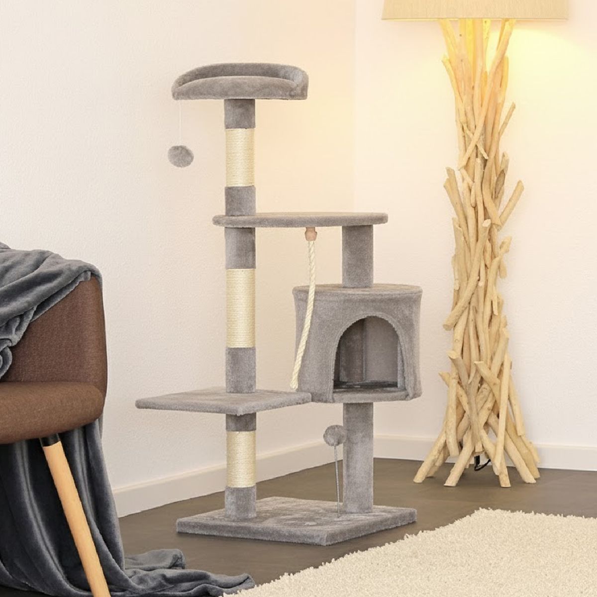 GENERICO - Rascador Para Gato Torre Grande 3 Niveles 112 cm + Cuerda