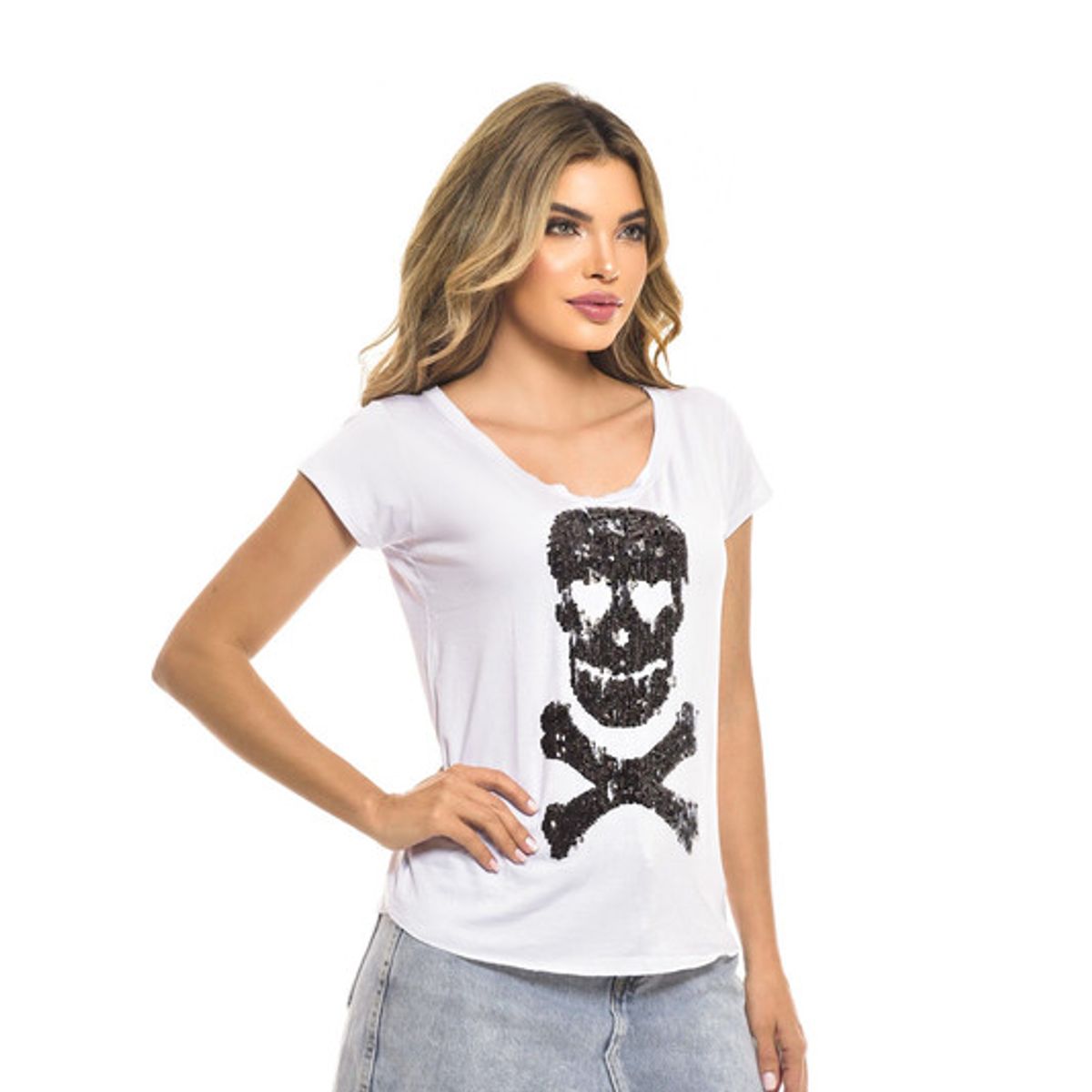 ROCK CAVIAR - POLERA MC LENTEJUELA POISON SKULL WHITE RC-7