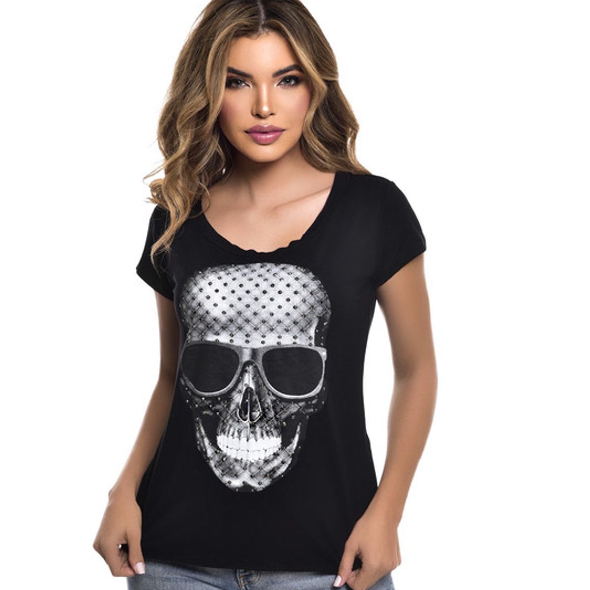 ROCK CAVIAR - POLERA MC PEDRERIA SKULL SMILE BLACK RC-11