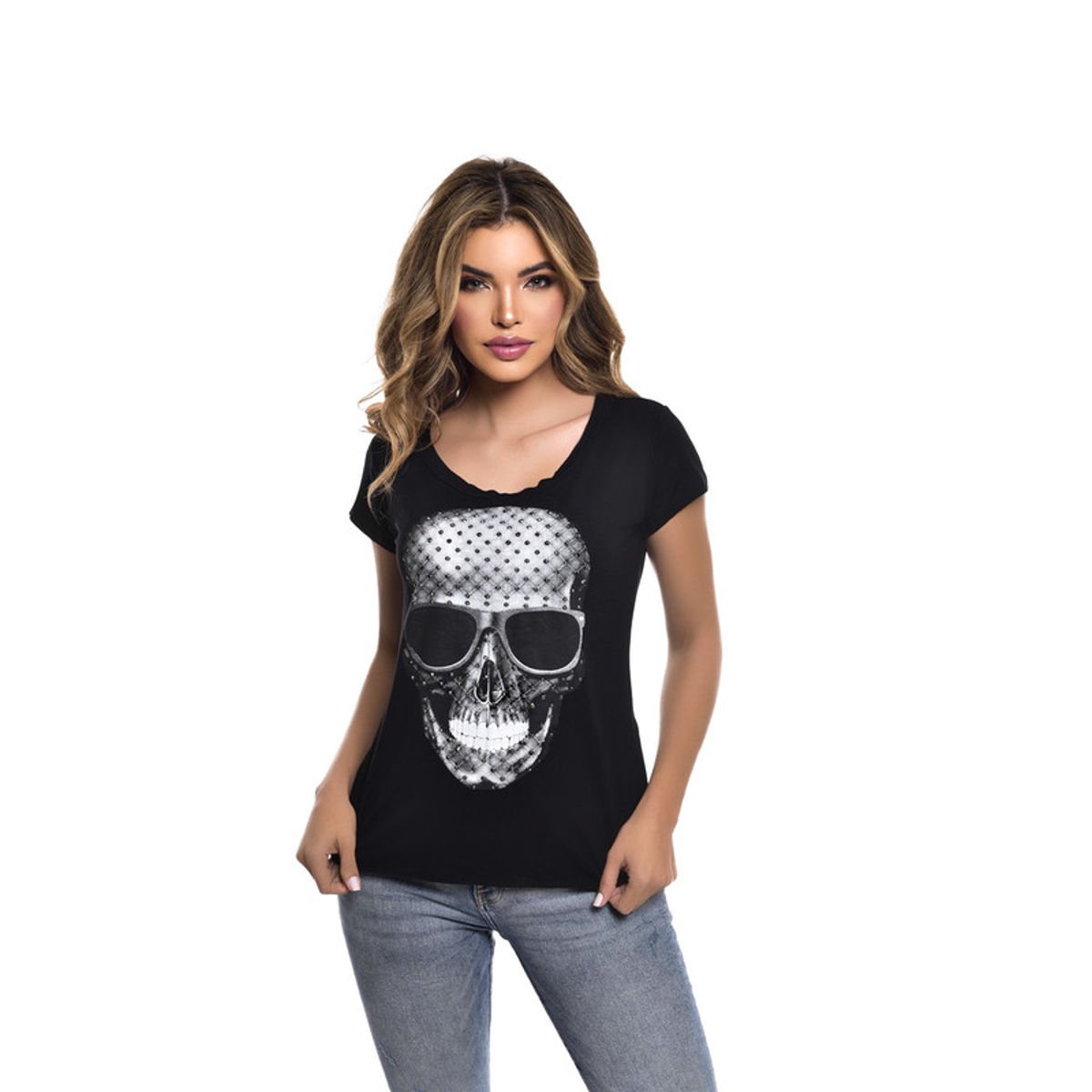 ROCK CAVIAR - POLERA MC PEDRERIA SKULL SMILE BLACK RC-11