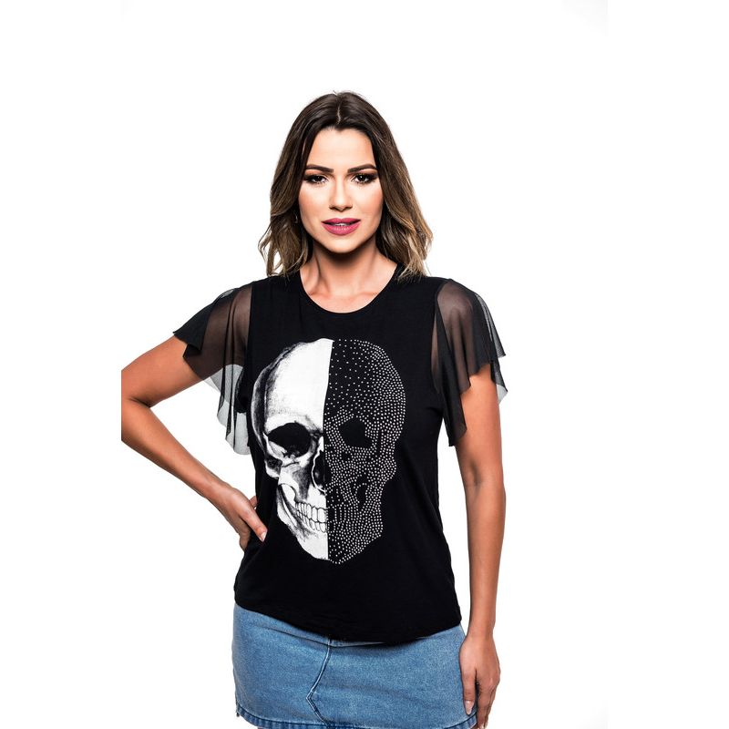 ROCK CAVIAR - POLERA MC PEDRERIA TWO FACE SKULL BLACK RC-14