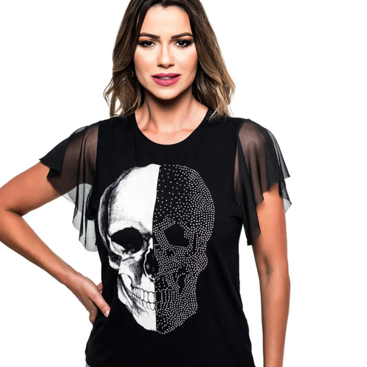 ROCK CAVIAR - POLERA MC PEDRERIA TWO FACE SKULL BLACK RC-14