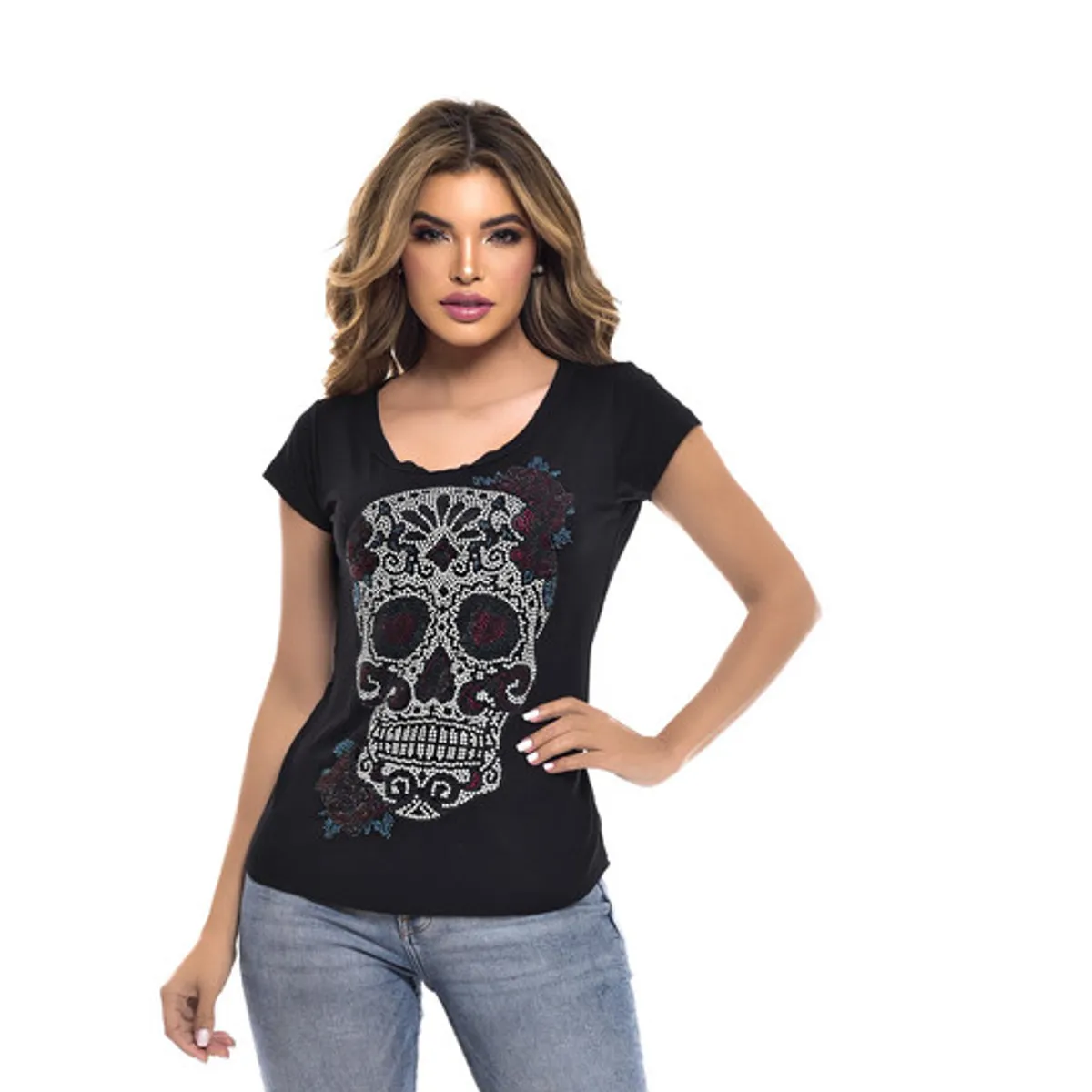 ROCK CAVIAR - POLERA MC PEDRERIA WOMAN SKULL BLACK RC-16
