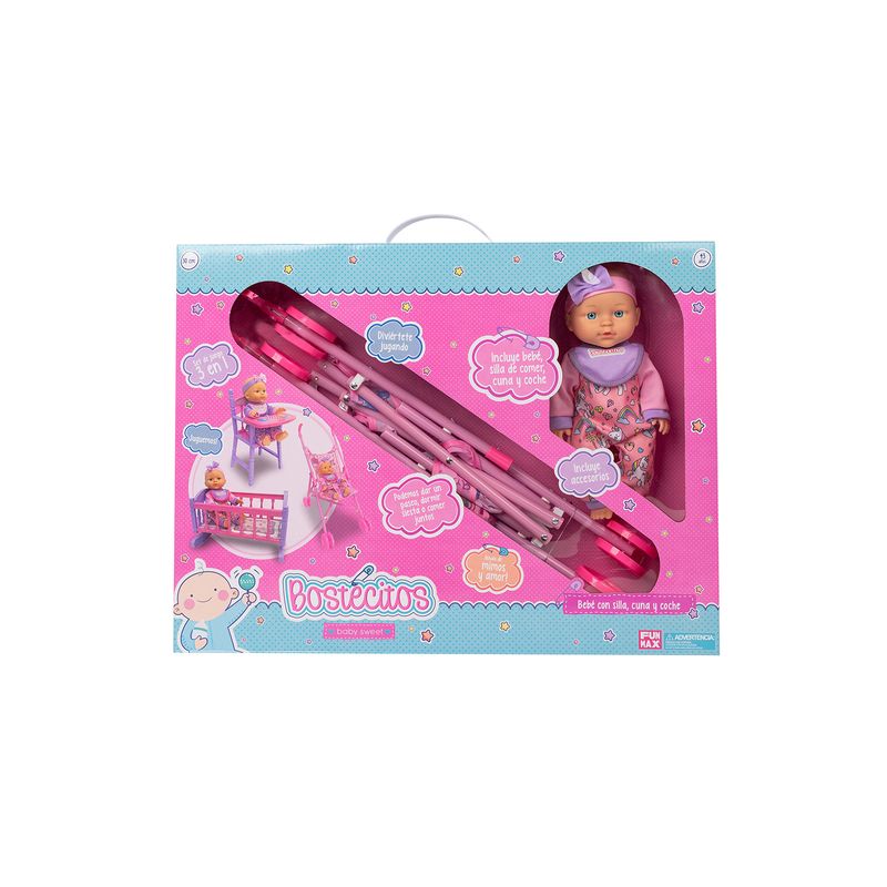 BOSTECITOS - Muñeca Bebe De Juguete Bostecitos Con Silla Cuna Y Coche BOSTECITOS