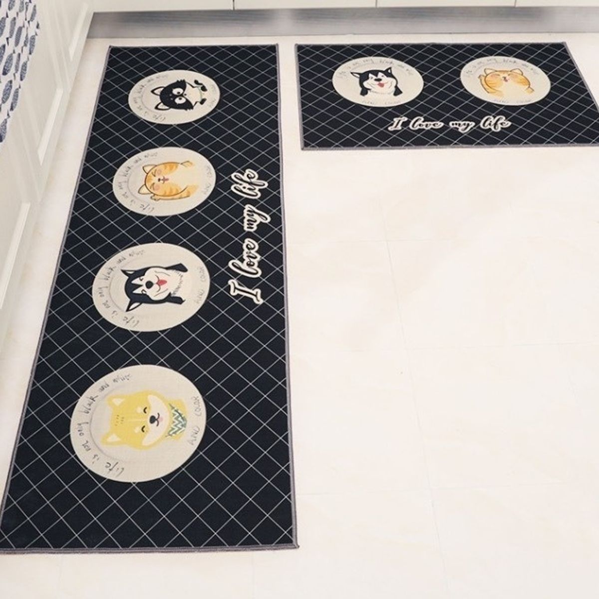 BJ HOGAR - Set 2 Alfombra Cocina Piso Antideslizante 2 Gatos y 2 Perros