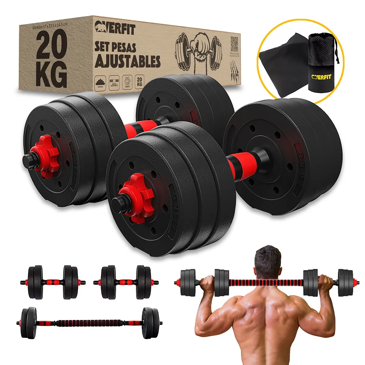 OVERFIT - Set Mancuernas Y Barra Unibles 20kg Fitness Pesas Ajustables