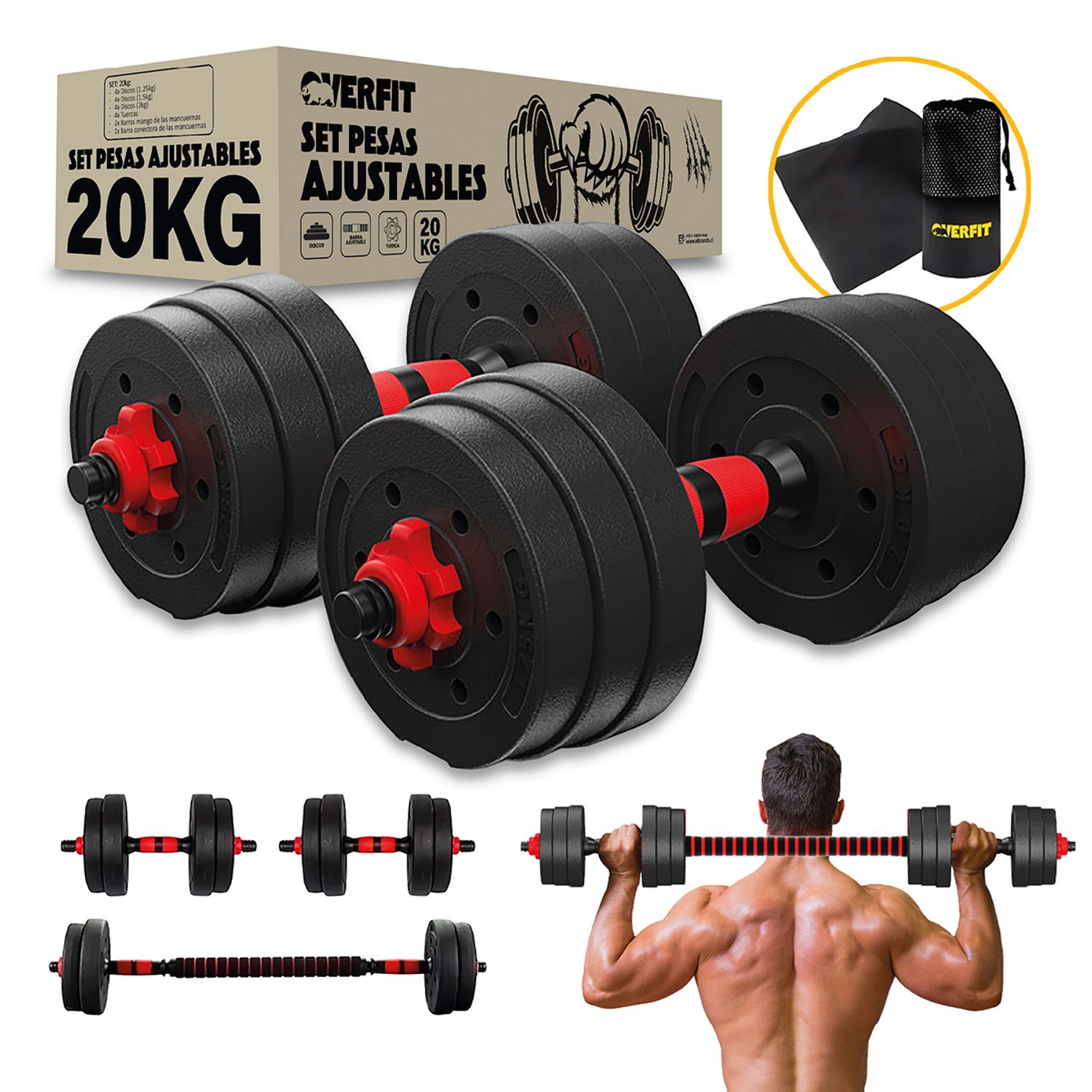 OVERFIT Set Mancuernas Y Barra Unibles 20kg Fitness Pesas