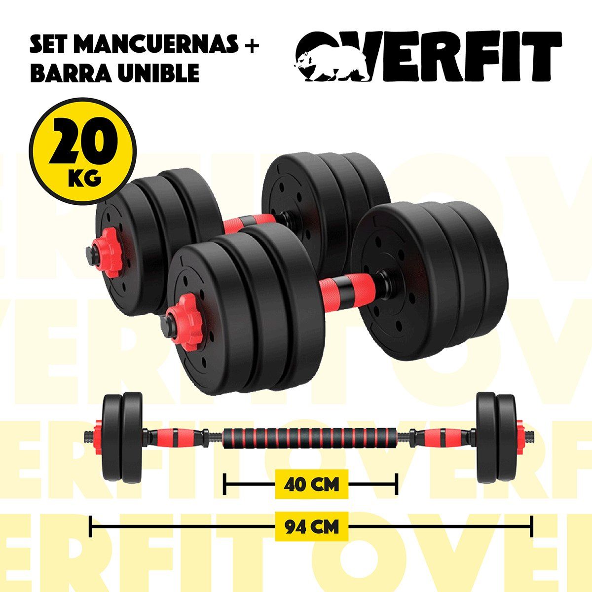 OVERFIT - Set Mancuernas Y Barra Unibles 20kg Fitness Pesas Ajustables