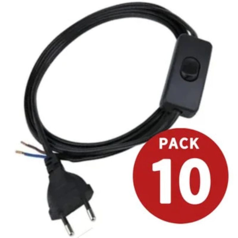 GENERICO - Pack 10 Cables Lampara Con Interruptor Y Enchufe Negro 1,5 M