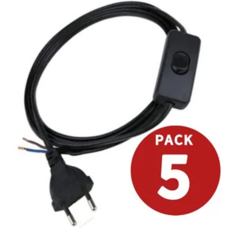 GENERICO - Pack 5 Cables Lampara Con Interruptor Y Enchufe Negro 1,5 M