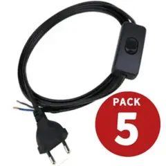 GENERICO - Pack 5 Cables Lampara Con Interruptor Y Enchufe Negro 1,5 M