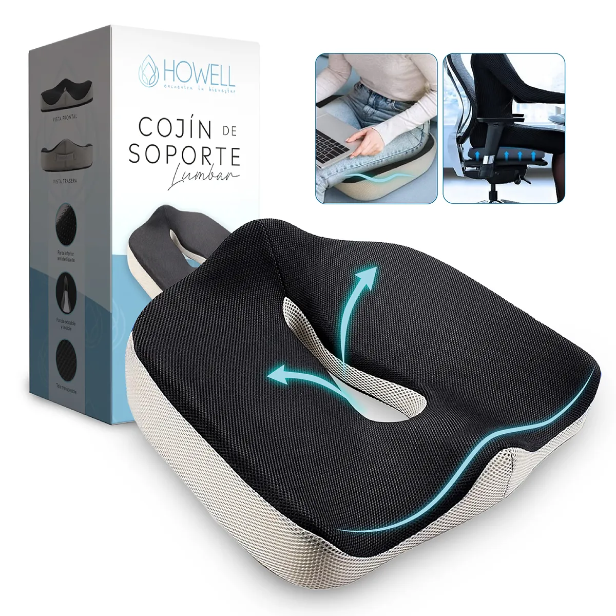 HOWELL - Cojín Ortopédico de Asiento Lumbar Howell Antideslizante