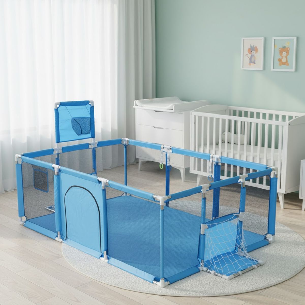 MON PETIT - Corral de Seguridad Bebe 180 Cm. Con Aro y Arco + 50 Pelotitas Celeste