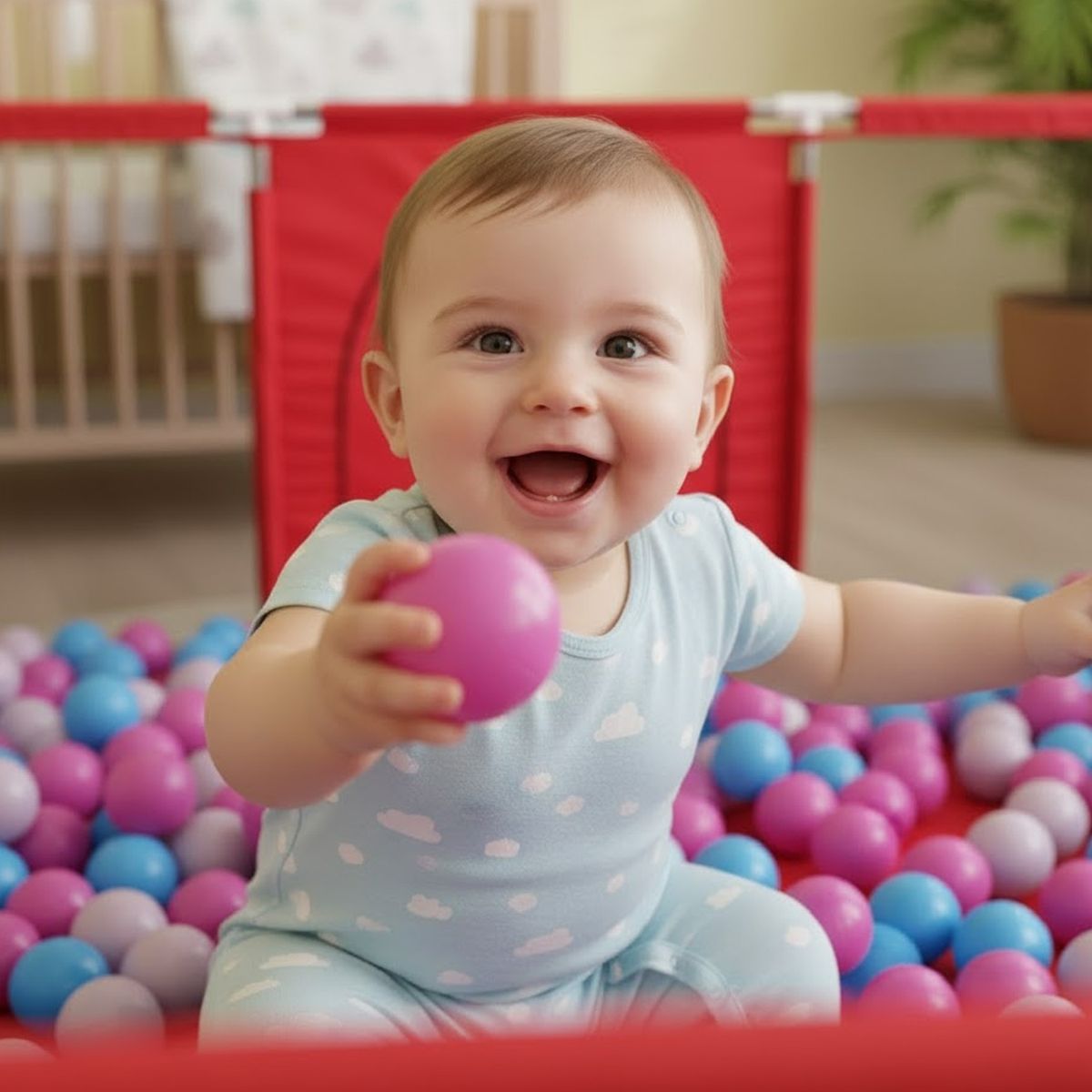 MON PETIT - Corral de Seguridad Bebe 180 Cm. Con Aro y Arco + 50 Pelotitas Rojo