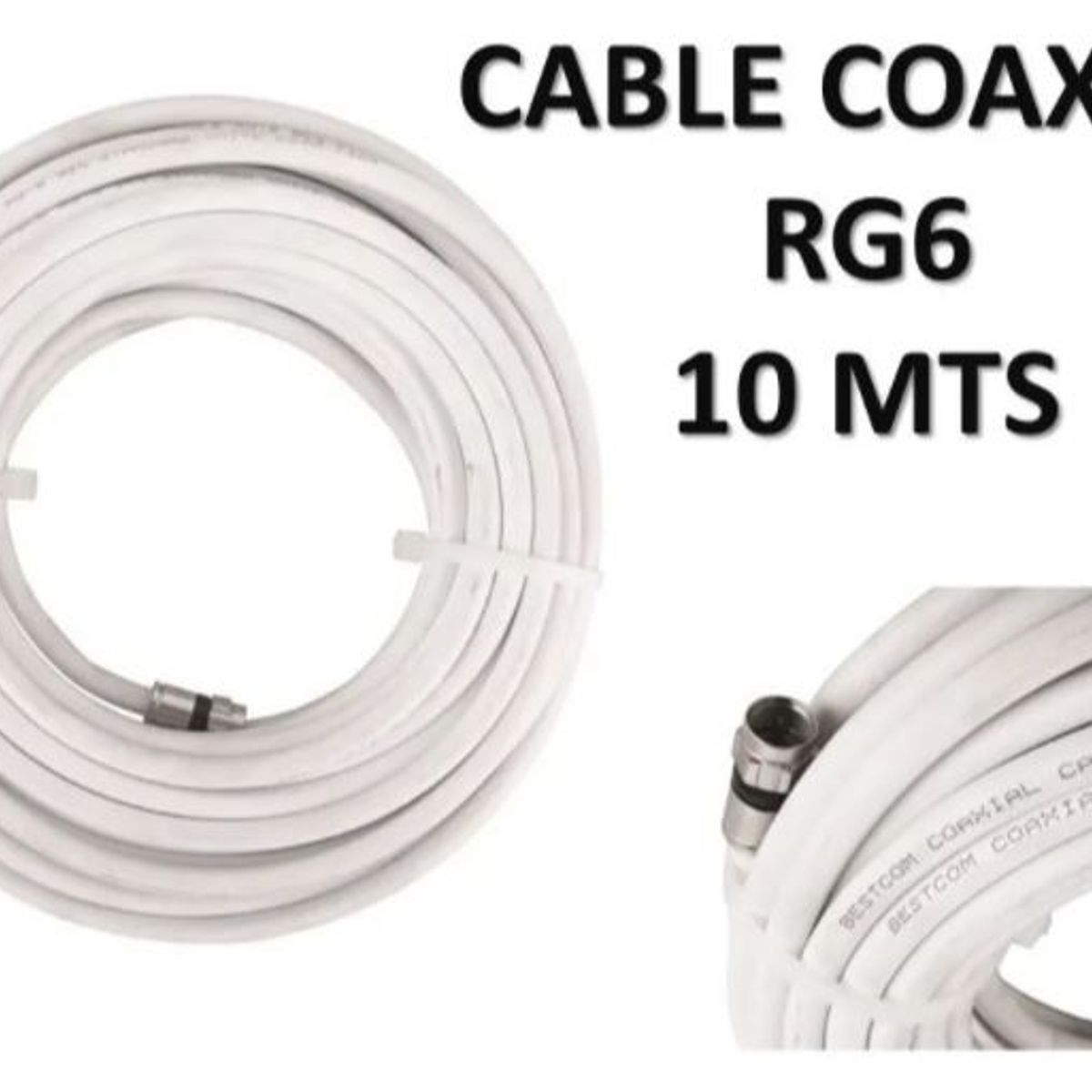 GENERICO - Cable coaxial RG6 de  10 metros blanco con conectores incluidos