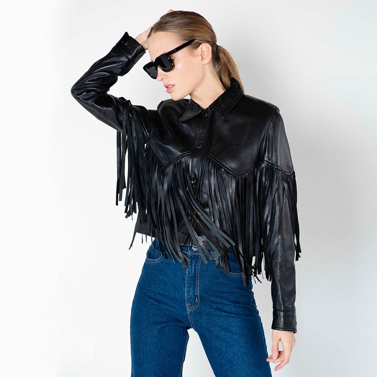 AMEN LEATHER - Chaqueta de Cuero Cala Flecos Rock Negra Amen