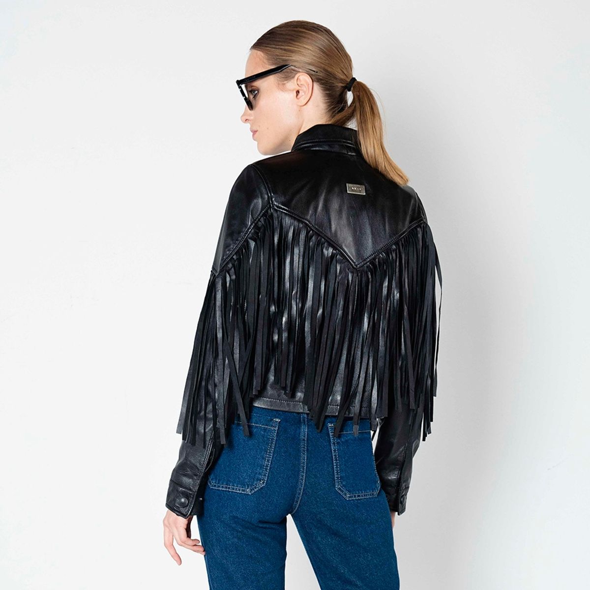 AMEN LEATHER - Chaqueta de Cuero Cala Flecos Rock Negra Amen