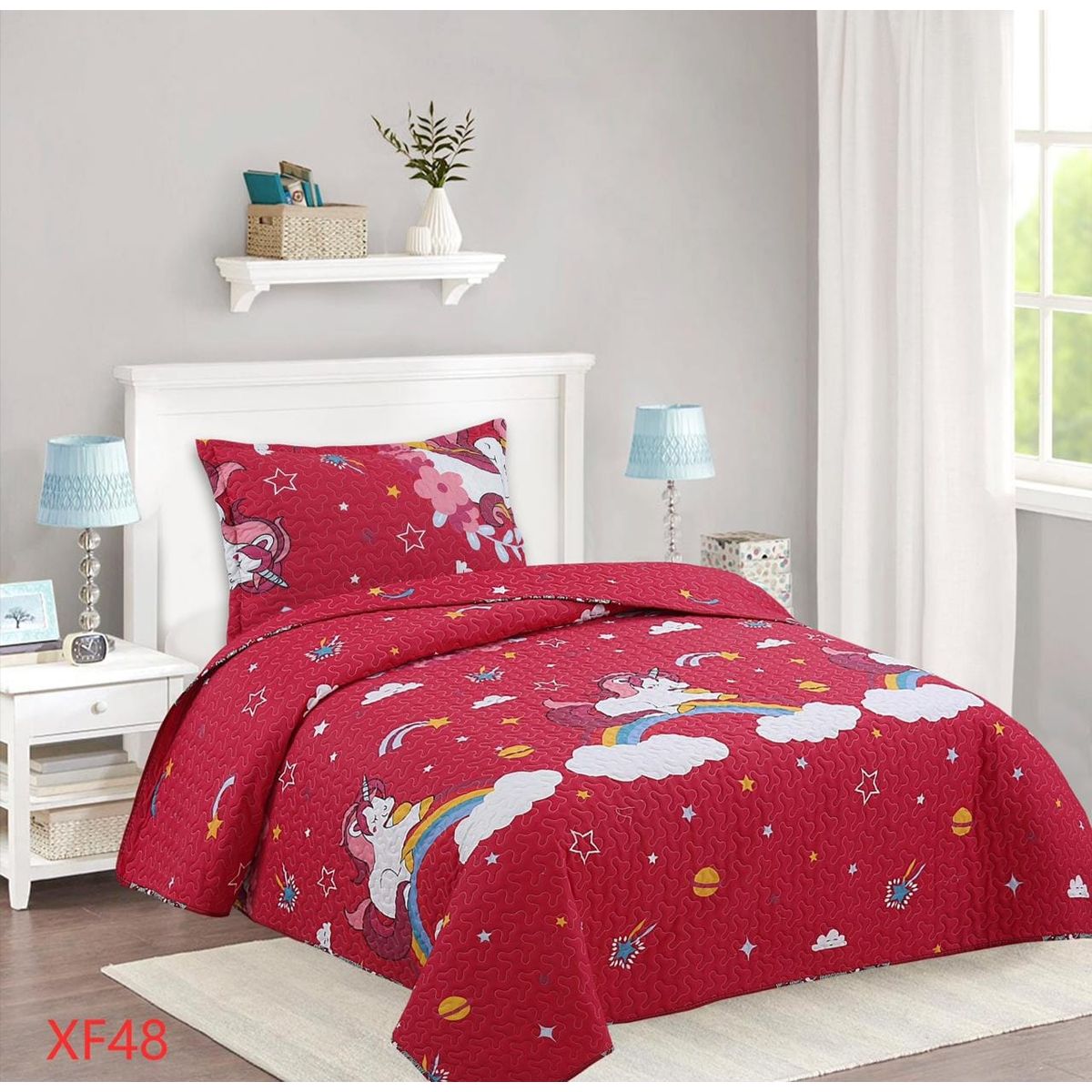 GENERICO - Quilt Cubrecama de Verado 1 1/2 plaza - Rojo Unicornio Arcoiris