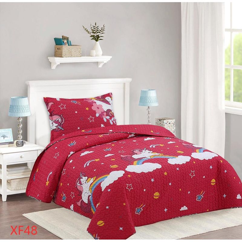 GENERICO - Quilt Cubrecama de Verado 1 1/2 plaza - Rojo Unicornio Arcoiris