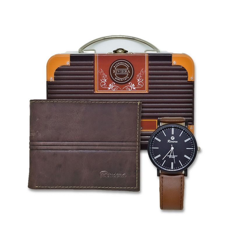 RIVIERA - Pack Billetera-Reloj  Cuero Genuino café Riviera