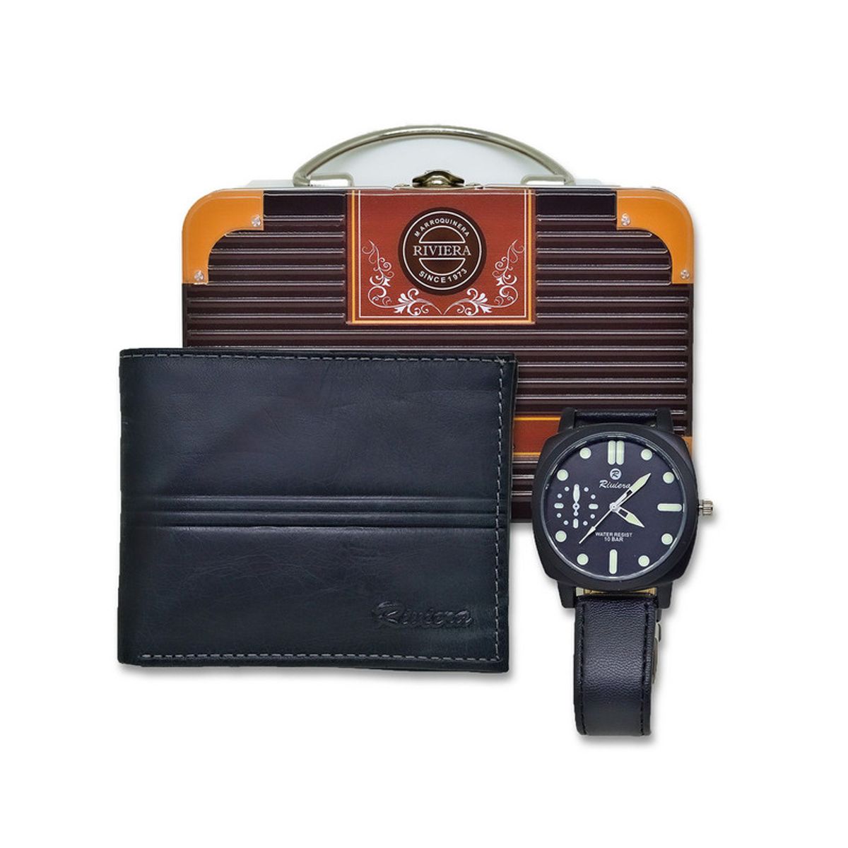 RIVIERA - Pack Billetera-Reloj  Cuero Genuino Negro Riviera