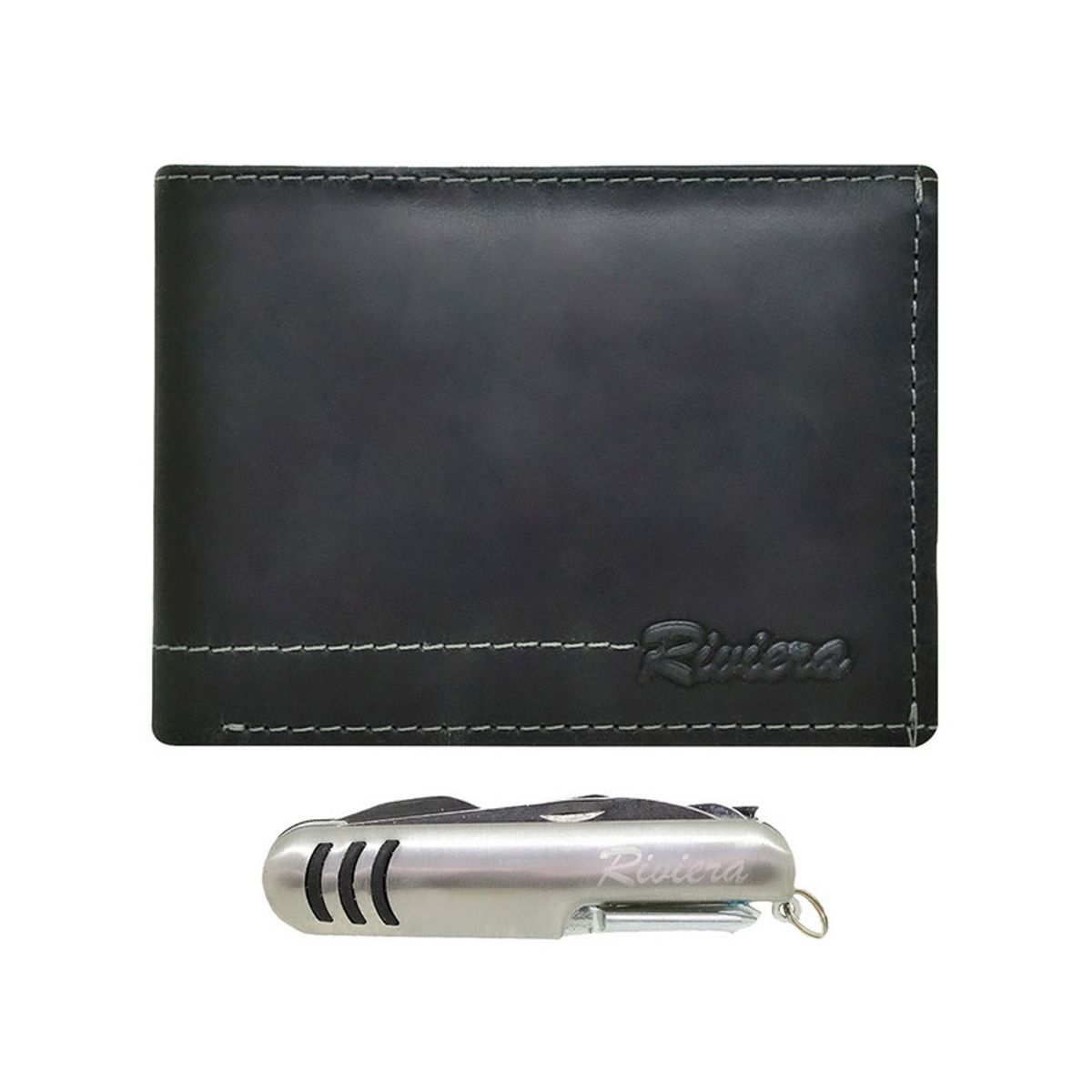 RIVIERA - Pack de hombre Billetera-Cortapluma  Cuero Genuino  Negro  Riviera