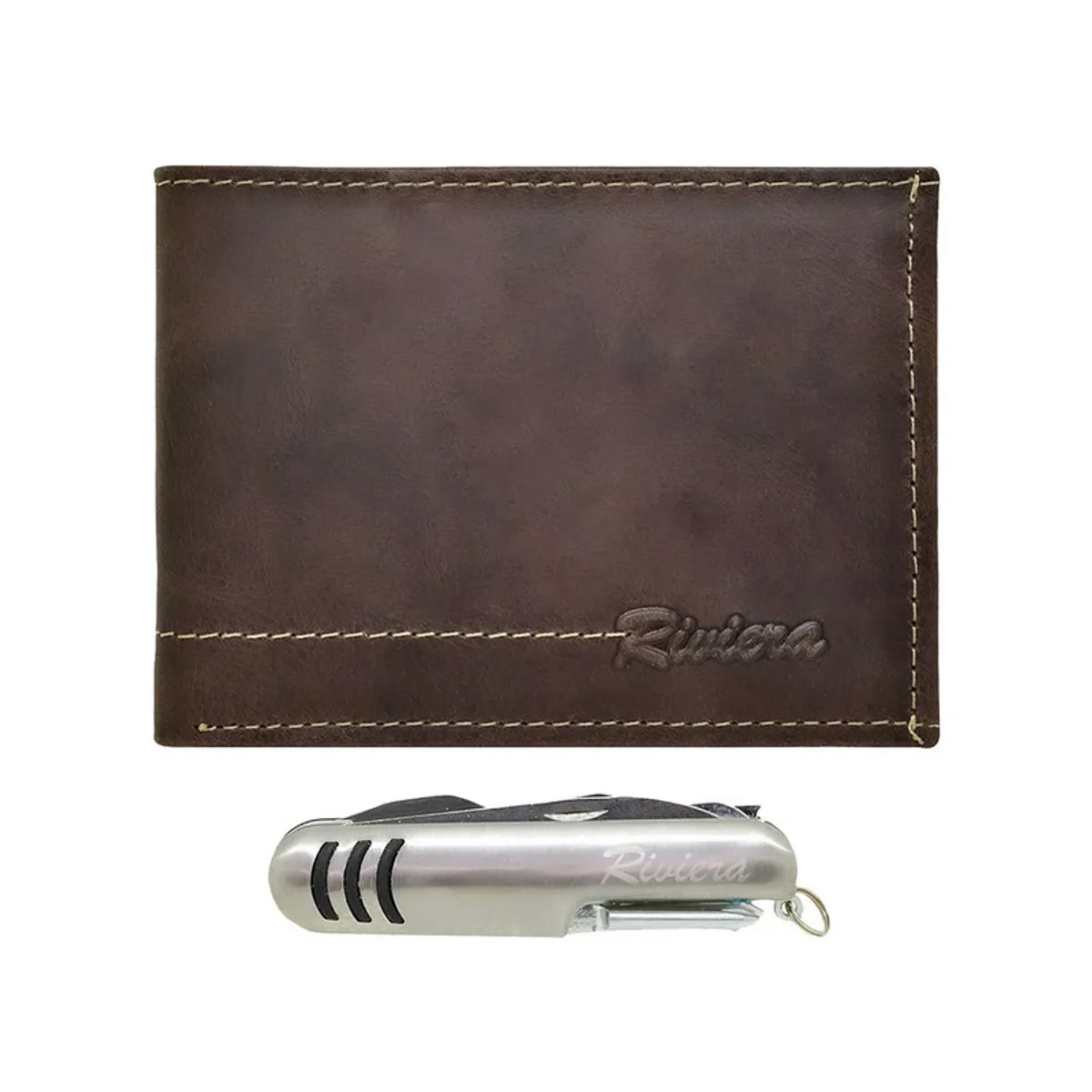 RIVIERA - Pack de hombre Billetera-Cortapluma  Cuero Genuino  Café Riviera