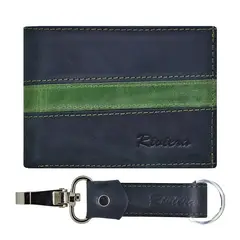 RIVIERA - Pack Billetera-Llavero de hombre Cuero Negro-Verde