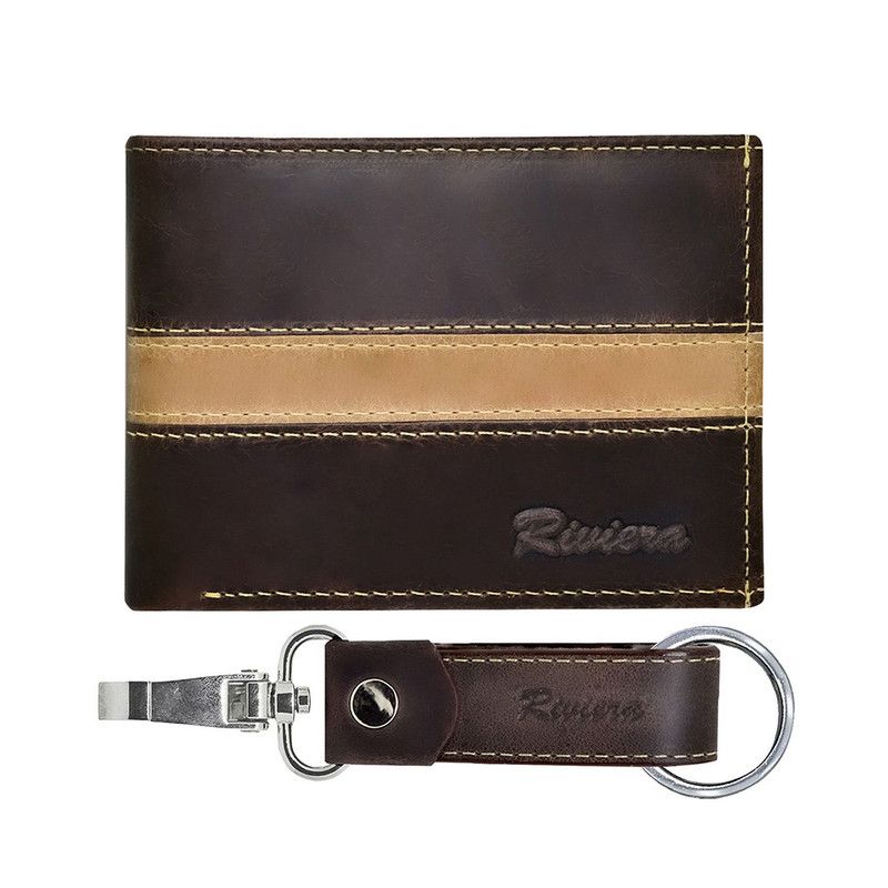 RIVIERA - Pack Billetera-Llavero de hombre Cuero natural café beige Riviera