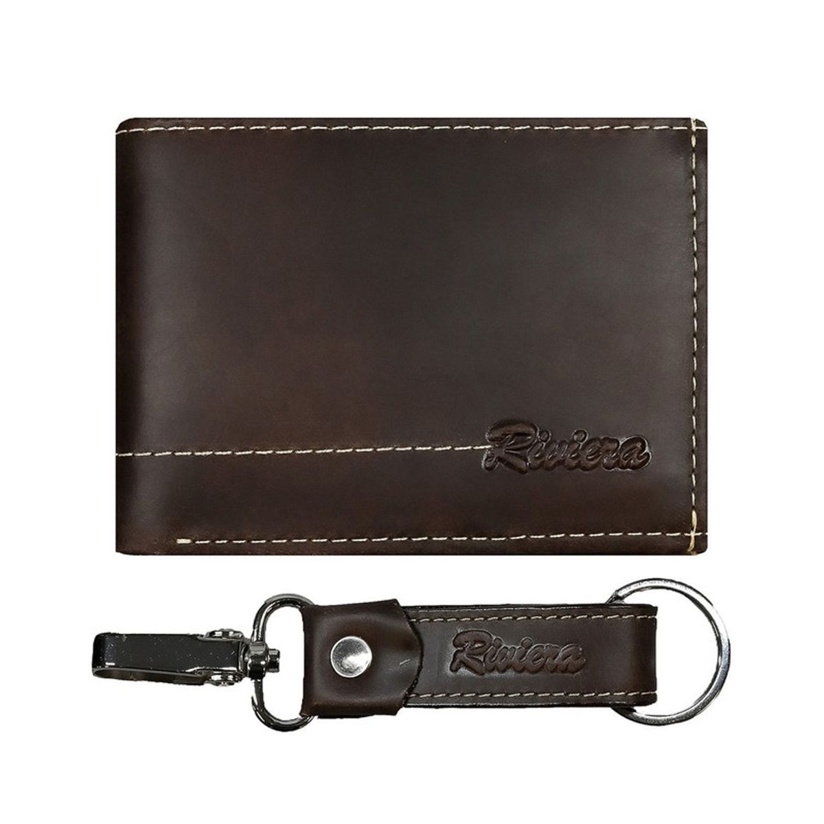 RIVIERA - Pack Billetera-Llavero de hombre  Cuero natural Café  Riviera
