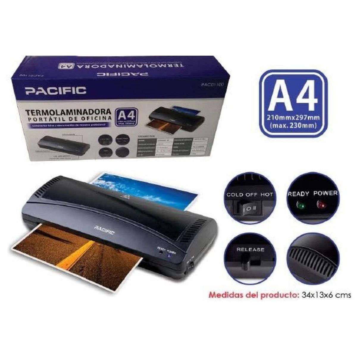 PACIFIC - Termolaminadora Portatil De Oficina A4 265W Negro Pacific