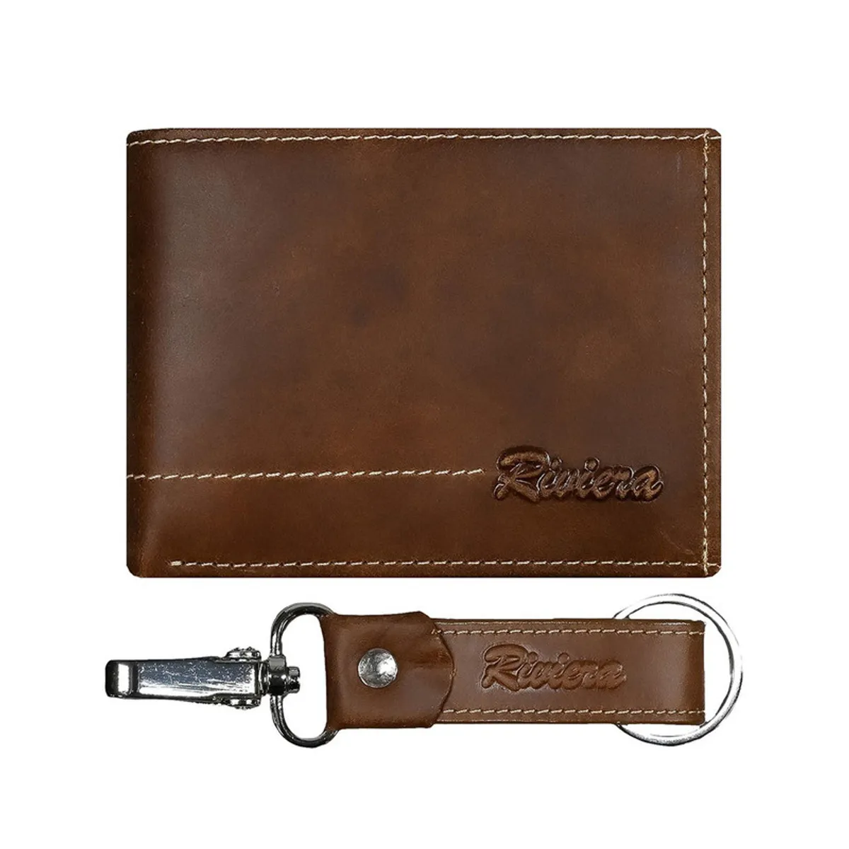 RIVIERA - Pack Billetera-Llavero de hombre Cuero natural café Riviera