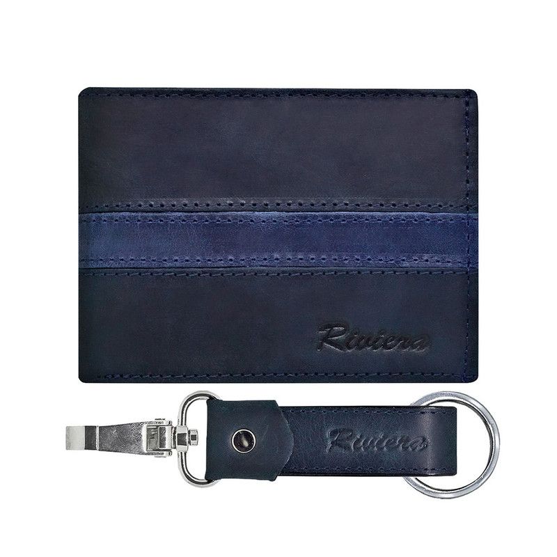 RIVIERA - Pack Billetera-Llavero de hombre Cuero natural negro azul  Riviera