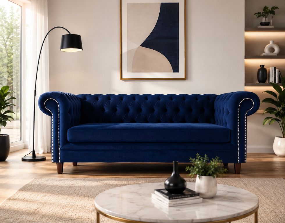 SOFA FELPA 3 CUERPOS CHESTERFIELD CAPITONE BRABANTE AZUL