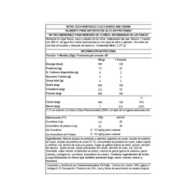 Imagen 2 del producto Nitro Tech 100% Whey Gold - 5 LIBRAS - Cookies and cream
