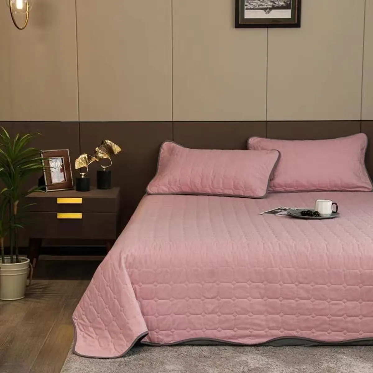 BJ HOGAR - Cubrecama Quilt Rosado Gris Reversible 2 Plazas