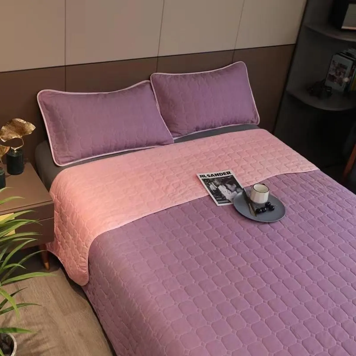 BJ HOGAR - Cubrecama Quilt Morado Rosado Reversible 2 Plazas