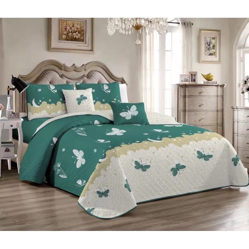 BJ HOGAR - Cubrecama Quilt 888 Verde Mariposas 2 Plazas con 2 Fundas