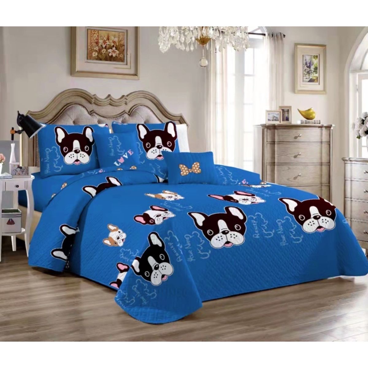 BJ HOGAR - Cubrecama Quilt Azul Perro 892 1.5 Plazas con 1 Funda