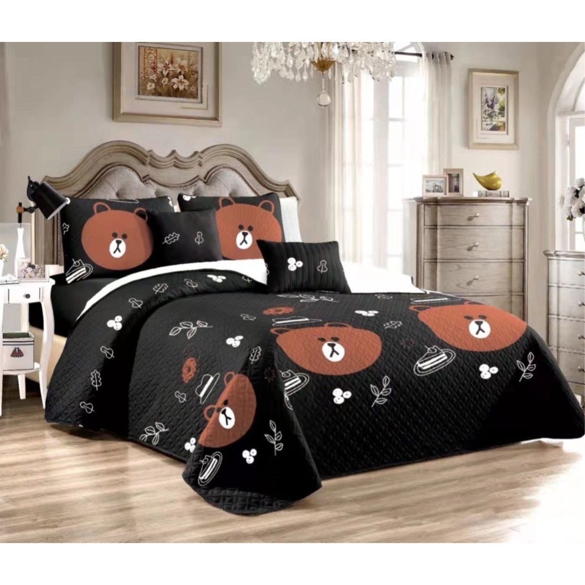 BJ HOGAR - Cubrecama Quilt Negro Oso 1.5 Plazas con 1 Funda