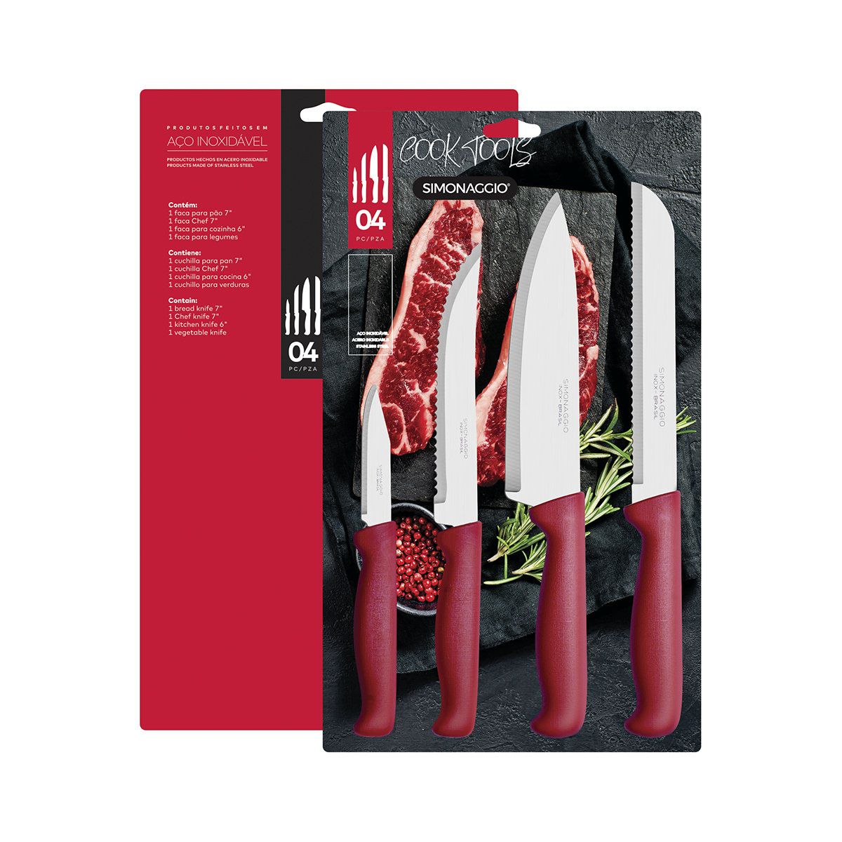 GENERICO - Set cuchillos para cocina Simonaggio Cooktools 4 piezas rojo