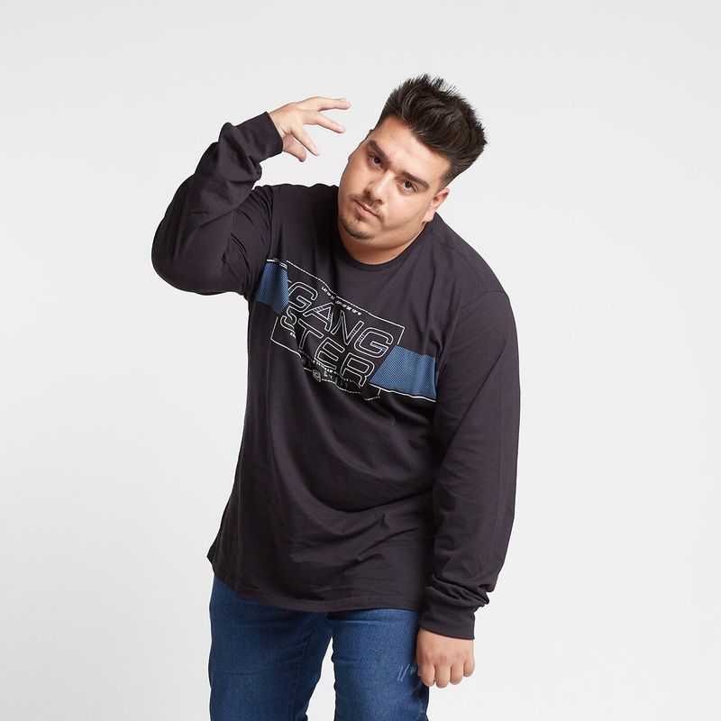 GANGSTER - Plus Polera Manga Larga Hexa Negro Gangster