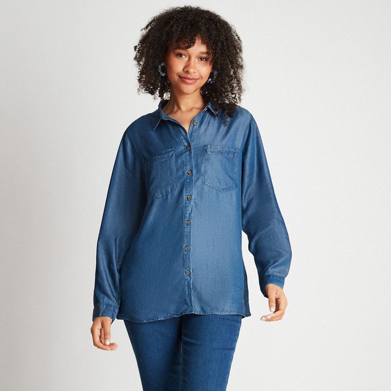 CURVI - Blusa Mezclilla Bolsillos Basica Lyocell Mujer Curvi