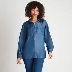 CURVI - Blusa Mezclilla Bolsillos Basica Lyocell Mujer