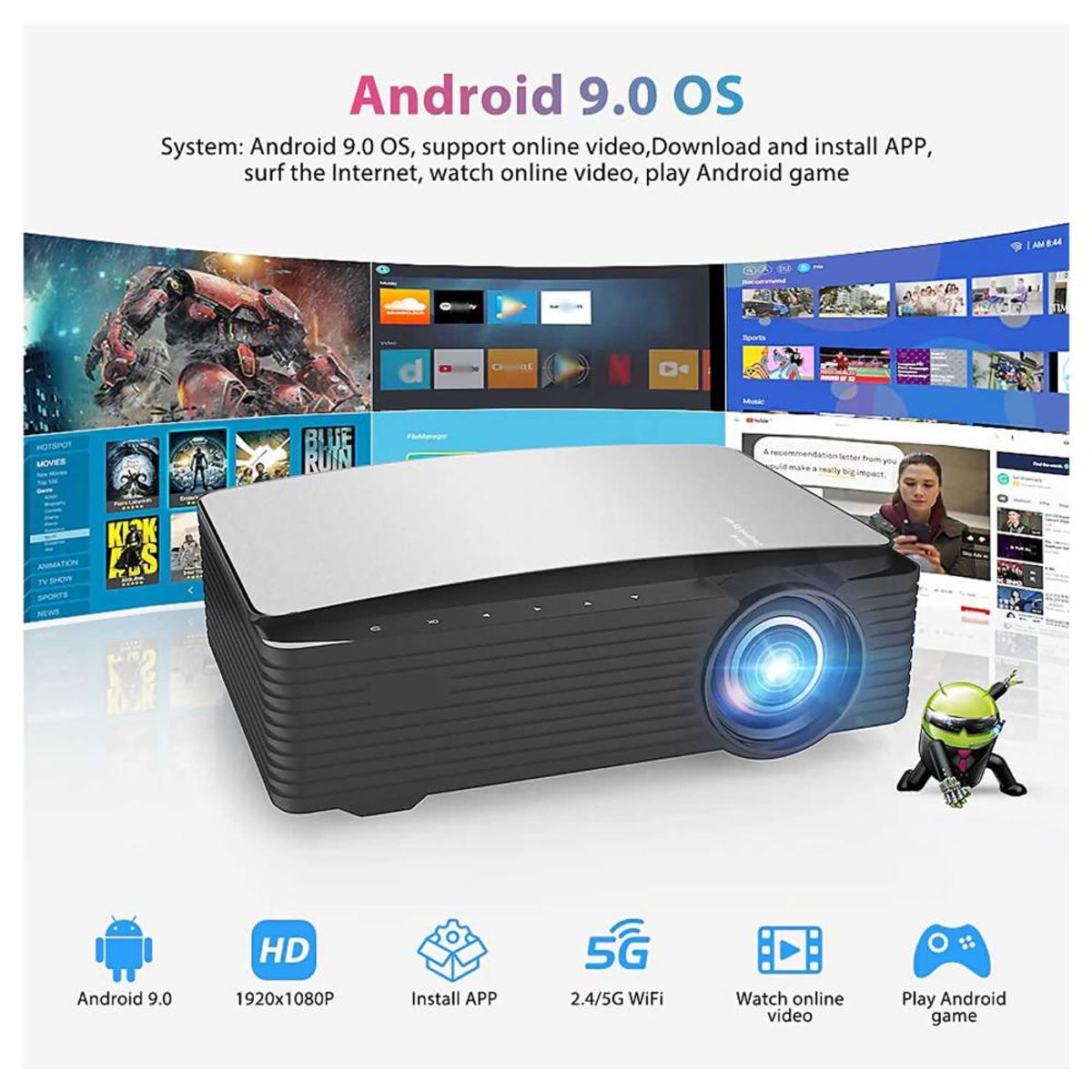 DETODOYMAS - Proyector Led 8000 Lm Android 9.0 Wifi Miracast - Gris